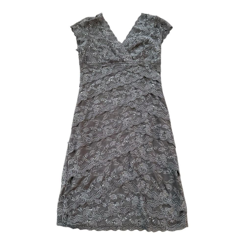 MARINA Tiered Lace Beaded Sequin Formal Cocktail Dress Gray Stretch Body…